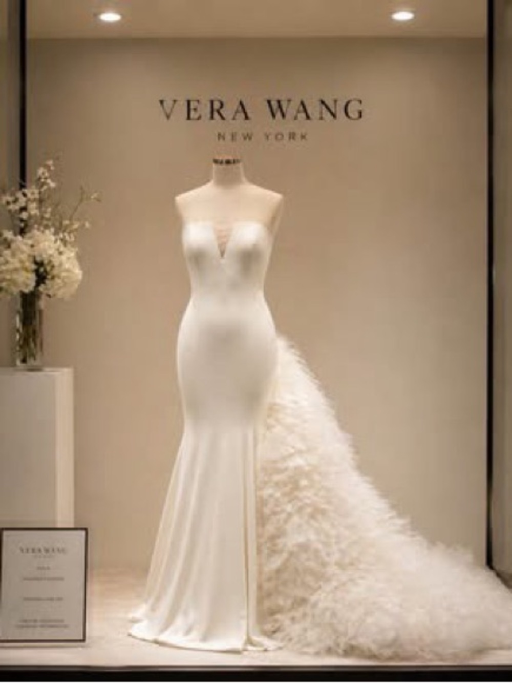 Vera Wang Ivory Strapless Mermaid Gown with Feathered Train